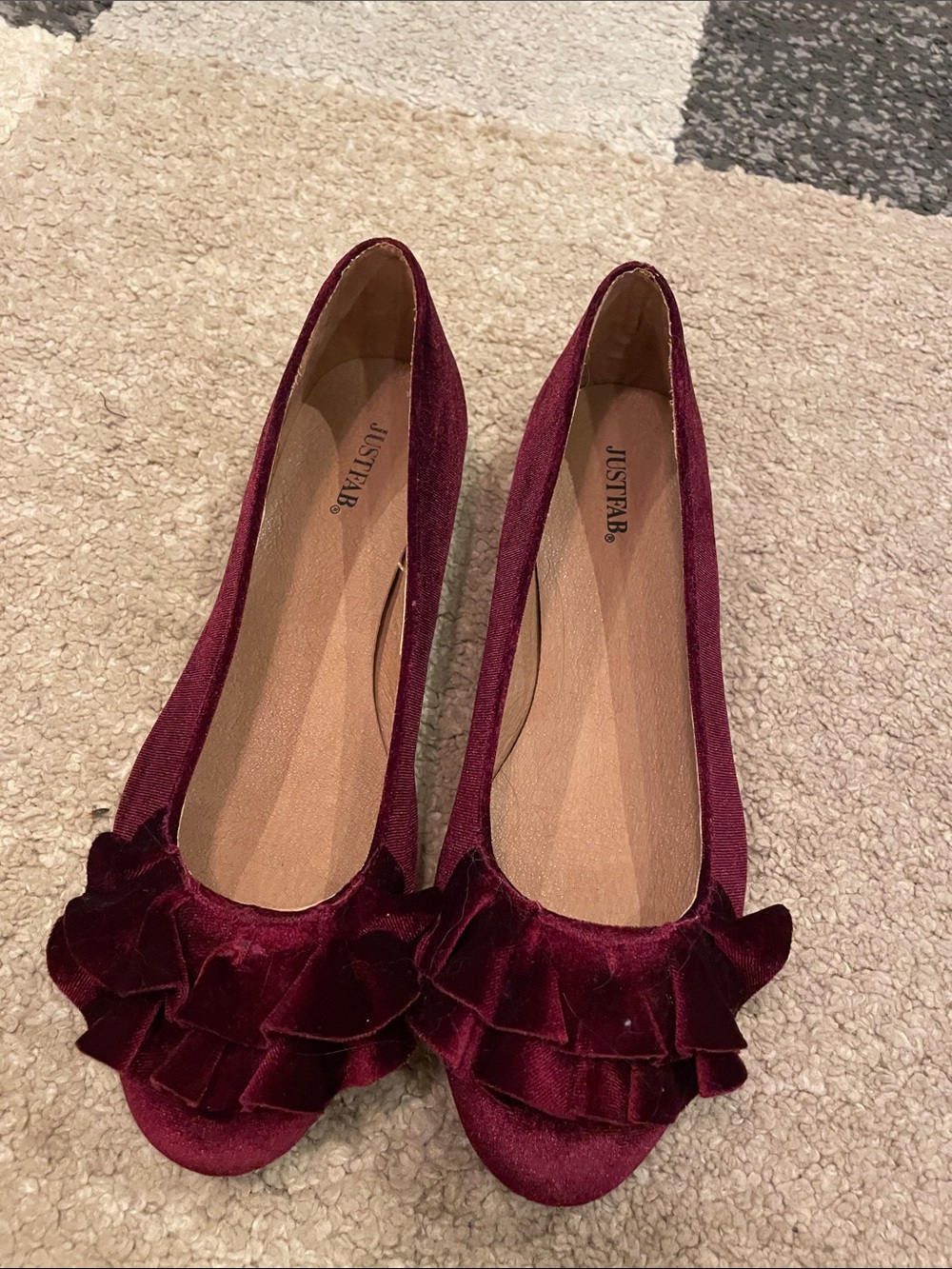 JustFab Wine Velvet Ruffle Ballet Flats